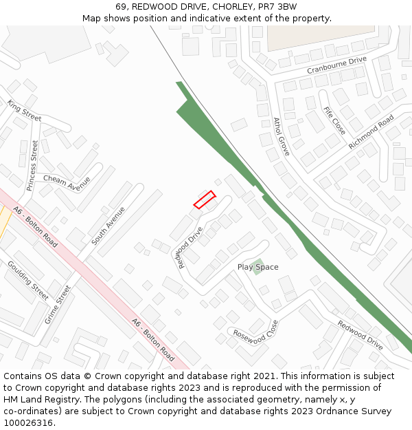 69, REDWOOD DRIVE, CHORLEY, PR7 3BW: Location map and indicative extent of plot