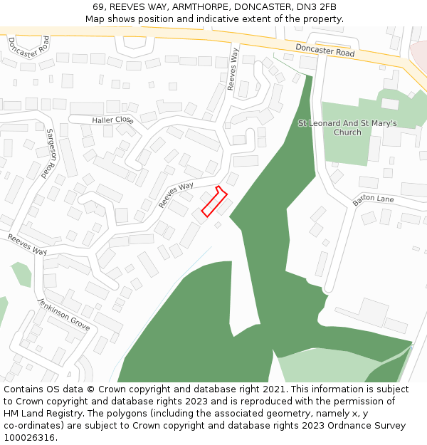69, REEVES WAY, ARMTHORPE, DONCASTER, DN3 2FB: Location map and indicative extent of plot