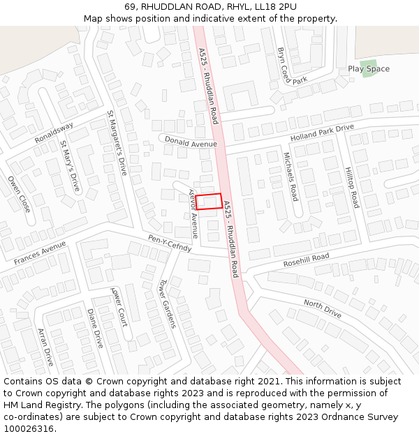 69, RHUDDLAN ROAD, RHYL, LL18 2PU: Location map and indicative extent of plot