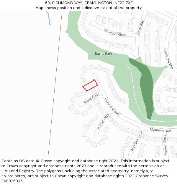 69, RICHMOND WAY, CRAMLINGTON, NE23 7XE: Location map and indicative extent of plot