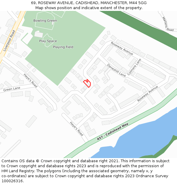 69, ROSEWAY AVENUE, CADISHEAD, MANCHESTER, M44 5GG: Location map and indicative extent of plot