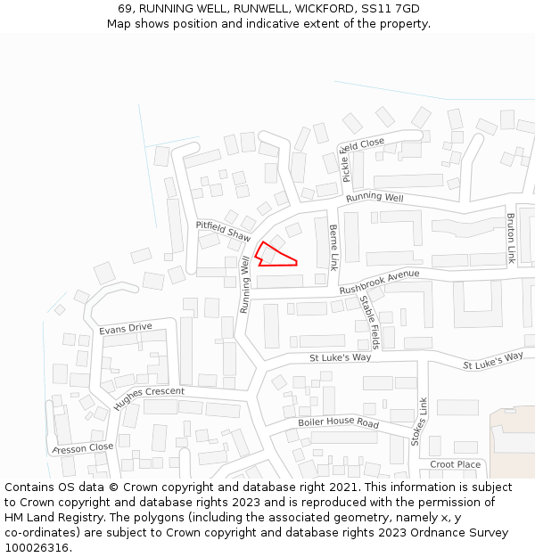 69, RUNNING WELL, RUNWELL, WICKFORD, SS11 7GD: Location map and indicative extent of plot