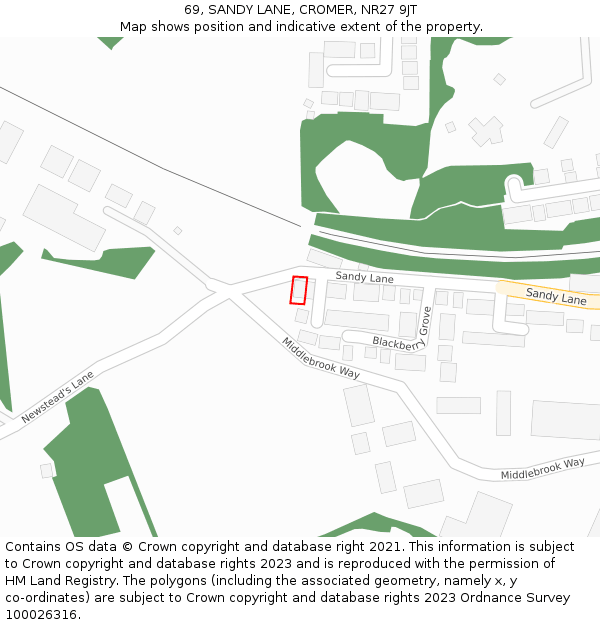 69, SANDY LANE, CROMER, NR27 9JT: Location map and indicative extent of plot