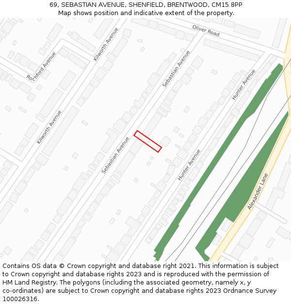 69, SEBASTIAN AVENUE, SHENFIELD, BRENTWOOD, CM15 8PP: Location map and indicative extent of plot