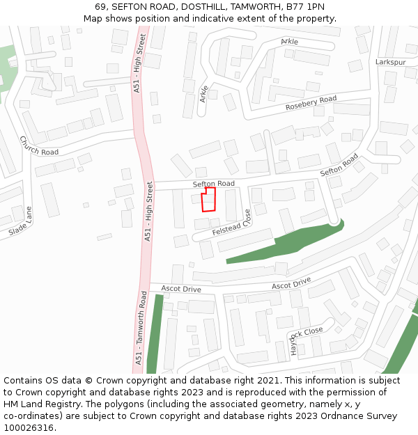 69, SEFTON ROAD, DOSTHILL, TAMWORTH, B77 1PN: Location map and indicative extent of plot