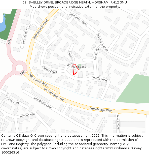 69, SHELLEY DRIVE, BROADBRIDGE HEATH, HORSHAM, RH12 3NU: Location map and indicative extent of plot