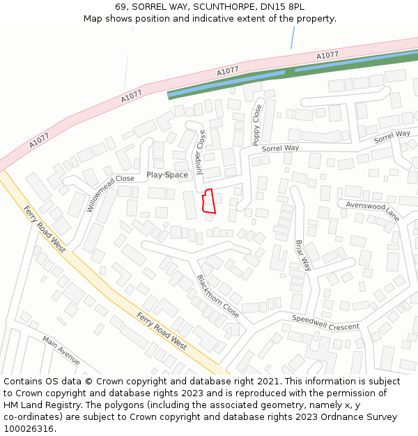 69, SORREL WAY, SCUNTHORPE, DN15 8PL: Location map and indicative extent of plot