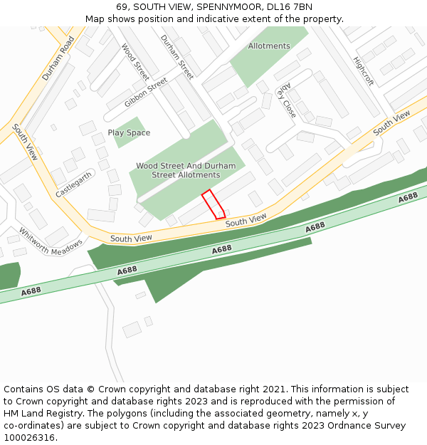 69, SOUTH VIEW, SPENNYMOOR, DL16 7BN: Location map and indicative extent of plot