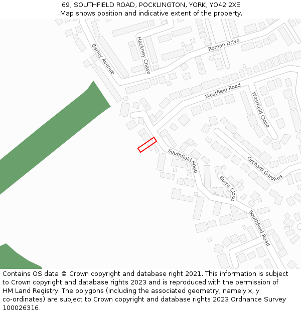 69, SOUTHFIELD ROAD, POCKLINGTON, YORK, YO42 2XE: Location map and indicative extent of plot