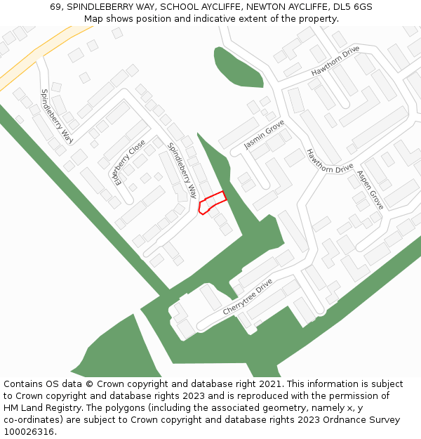 69, SPINDLEBERRY WAY, SCHOOL AYCLIFFE, NEWTON AYCLIFFE, DL5 6GS: Location map and indicative extent of plot