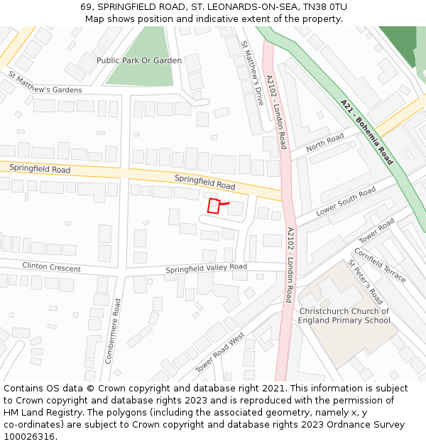 69, SPRINGFIELD ROAD, ST. LEONARDS-ON-SEA, TN38 0TU: Location map and indicative extent of plot