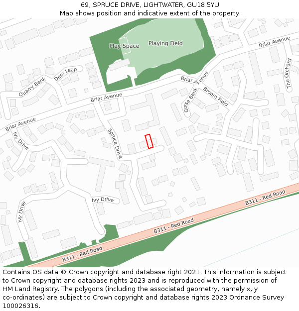 69, SPRUCE DRIVE, LIGHTWATER, GU18 5YU: Location map and indicative extent of plot