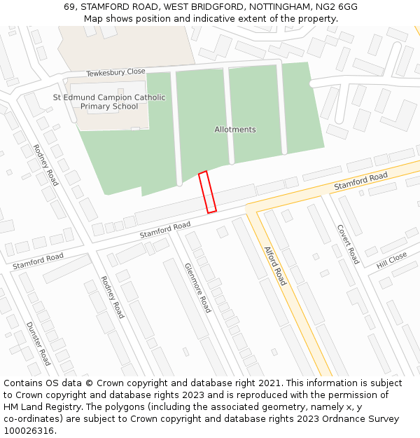 69, STAMFORD ROAD, WEST BRIDGFORD, NOTTINGHAM, NG2 6GG: Location map and indicative extent of plot