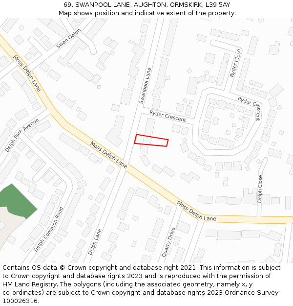 69, SWANPOOL LANE, AUGHTON, ORMSKIRK, L39 5AY: Location map and indicative extent of plot