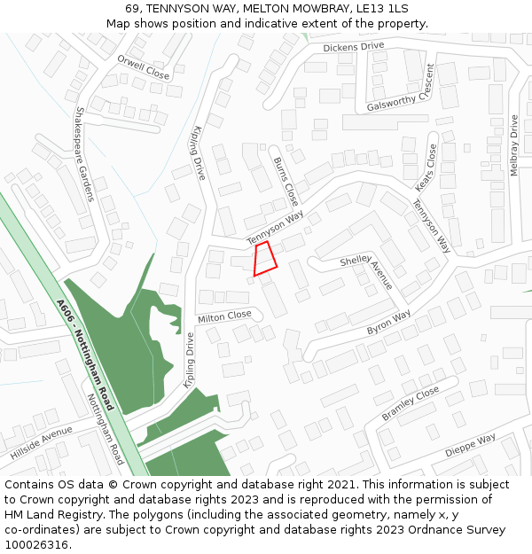 69, TENNYSON WAY, MELTON MOWBRAY, LE13 1LS: Location map and indicative extent of plot