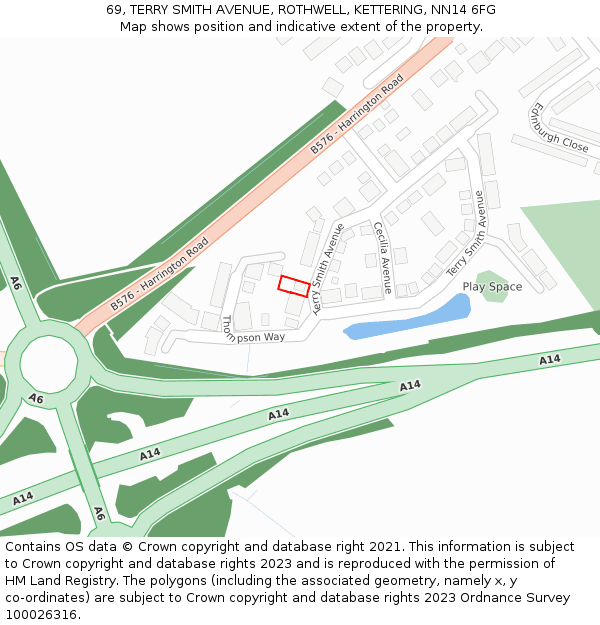 69, TERRY SMITH AVENUE, ROTHWELL, KETTERING, NN14 6FG: Location map and indicative extent of plot