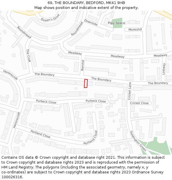 69, THE BOUNDARY, BEDFORD, MK41 9HB: Location map and indicative extent of plot