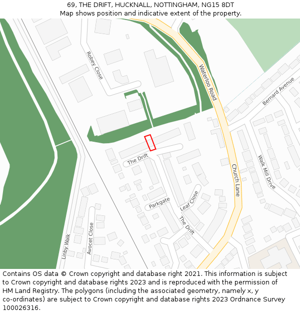 69, THE DRIFT, HUCKNALL, NOTTINGHAM, NG15 8DT: Location map and indicative extent of plot