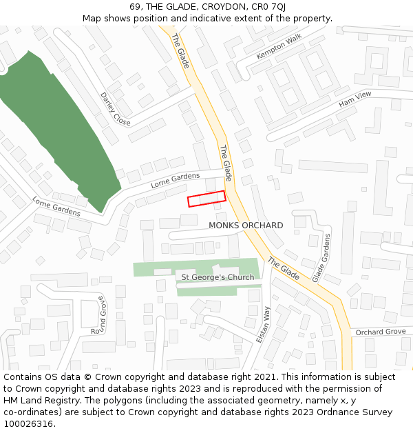 69, THE GLADE, CROYDON, CR0 7QJ: Location map and indicative extent of plot