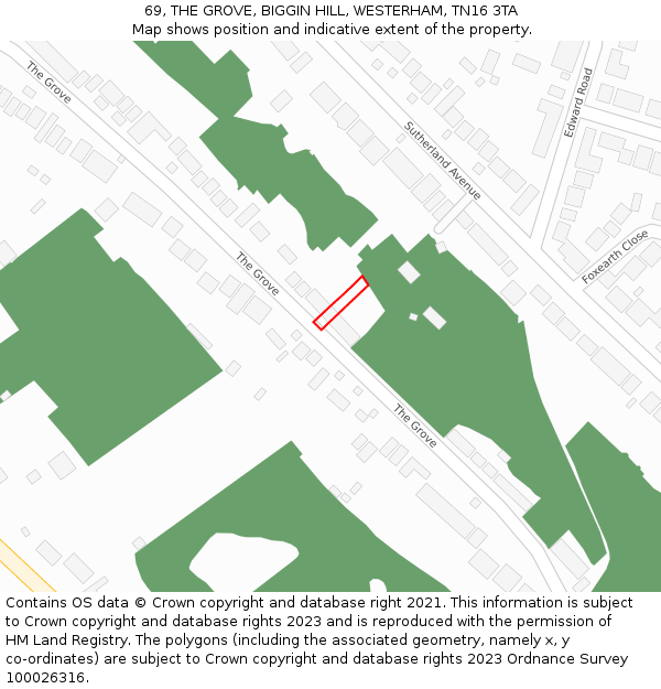 69, THE GROVE, BIGGIN HILL, WESTERHAM, TN16 3TA: Location map and indicative extent of plot