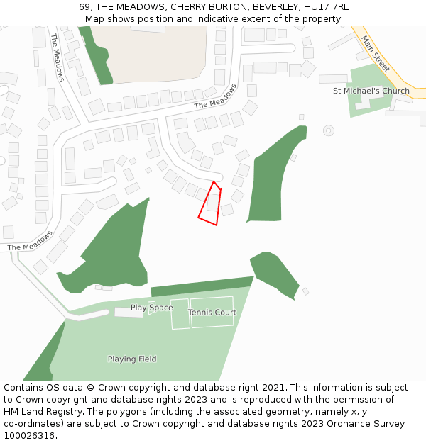 69, THE MEADOWS, CHERRY BURTON, BEVERLEY, HU17 7RL: Location map and indicative extent of plot