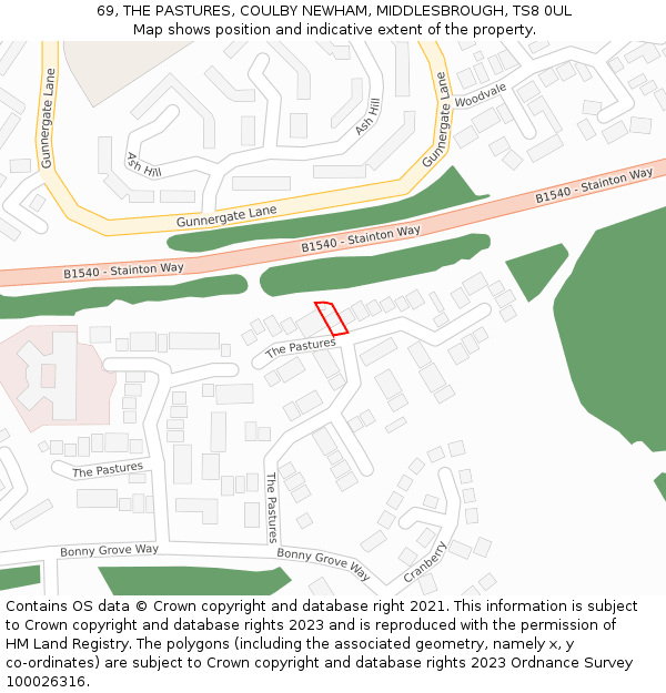 69, THE PASTURES, COULBY NEWHAM, MIDDLESBROUGH, TS8 0UL: Location map and indicative extent of plot