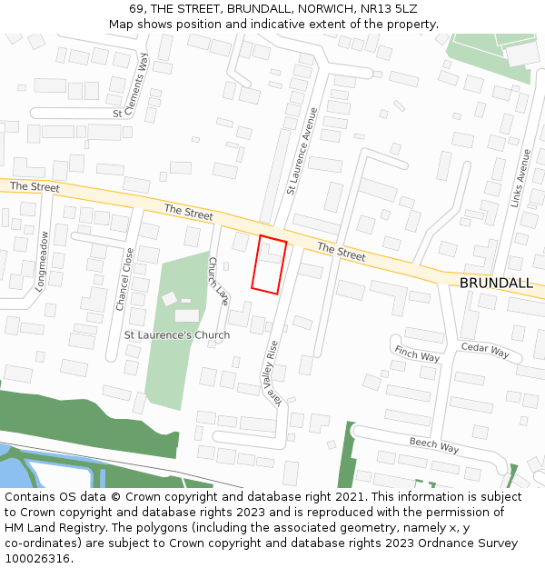 69, THE STREET, BRUNDALL, NORWICH, NR13 5LZ: Location map and indicative extent of plot