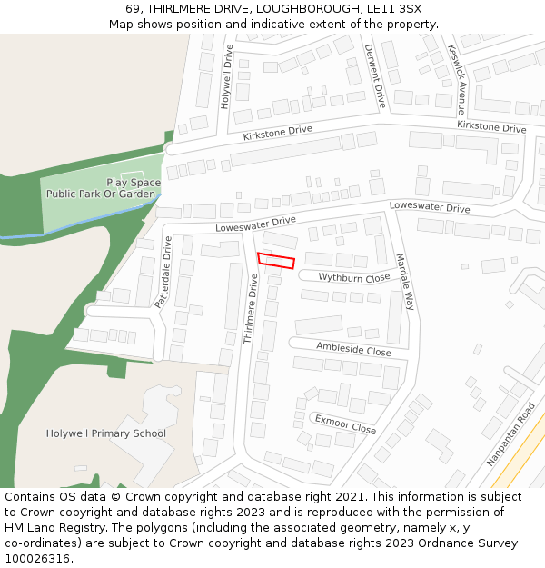 69, THIRLMERE DRIVE, LOUGHBOROUGH, LE11 3SX: Location map and indicative extent of plot