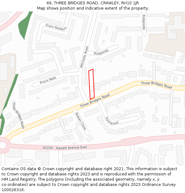 69, THREE BRIDGES ROAD, CRAWLEY, RH10 1JR: Location map and indicative extent of plot