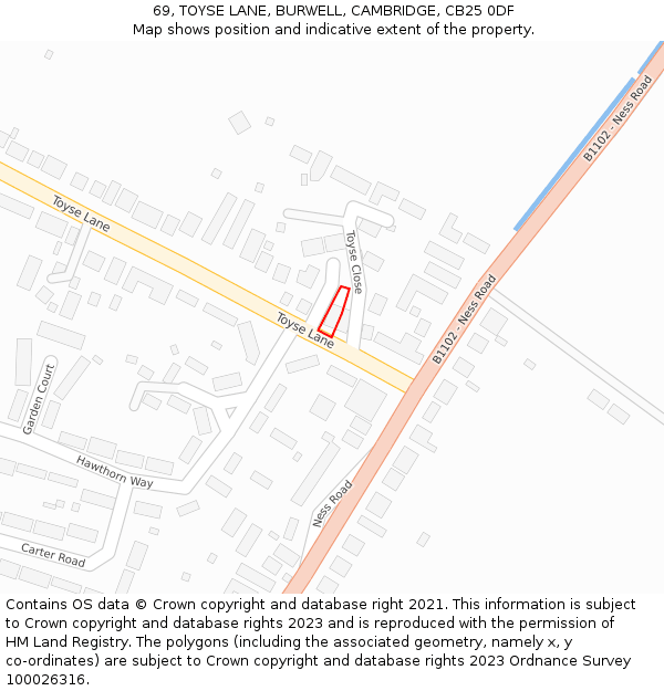 69, TOYSE LANE, BURWELL, CAMBRIDGE, CB25 0DF: Location map and indicative extent of plot