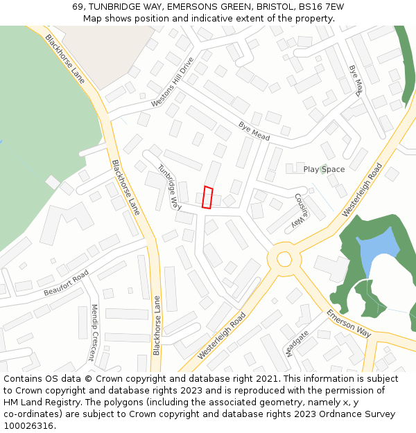 69, TUNBRIDGE WAY, EMERSONS GREEN, BRISTOL, BS16 7EW: Location map and indicative extent of plot