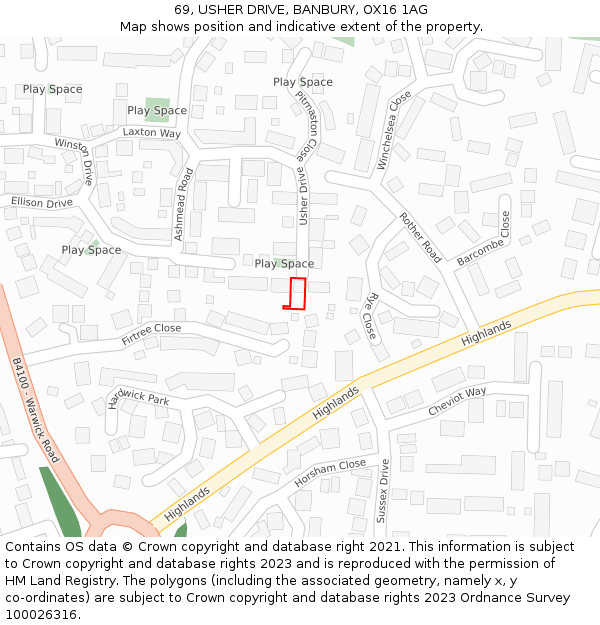 69, USHER DRIVE, BANBURY, OX16 1AG: Location map and indicative extent of plot