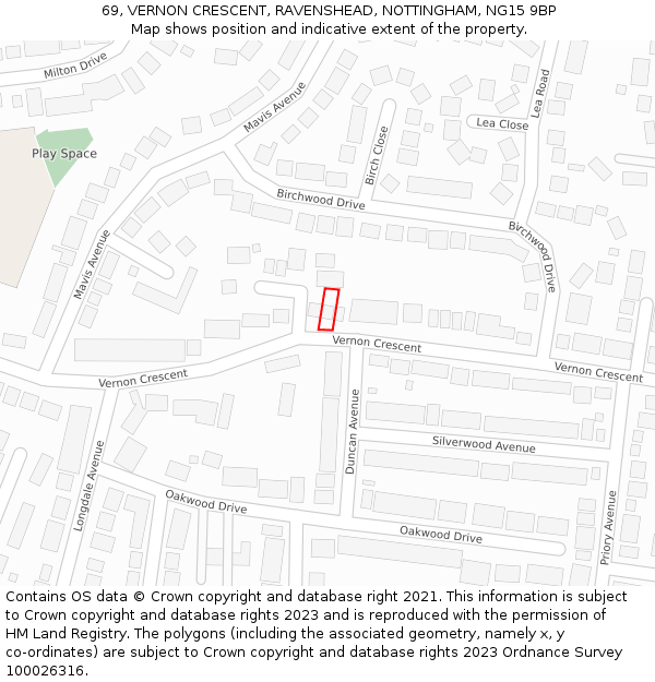 69, VERNON CRESCENT, RAVENSHEAD, NOTTINGHAM, NG15 9BP: Location map and indicative extent of plot