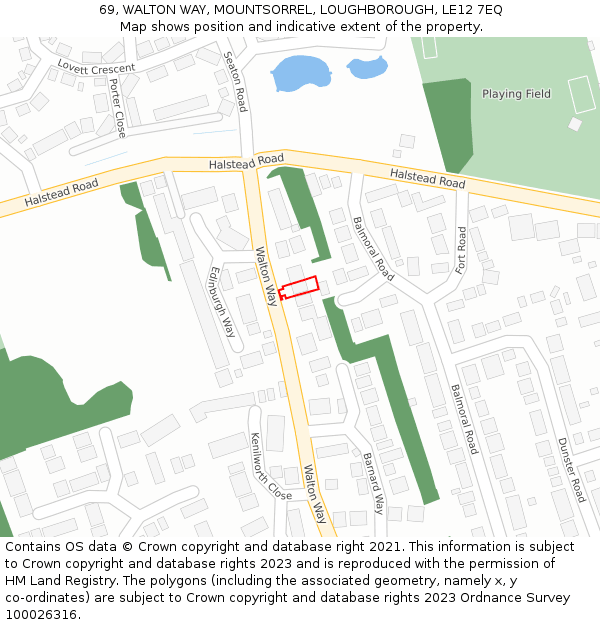 69, WALTON WAY, MOUNTSORREL, LOUGHBOROUGH, LE12 7EQ: Location map and indicative extent of plot