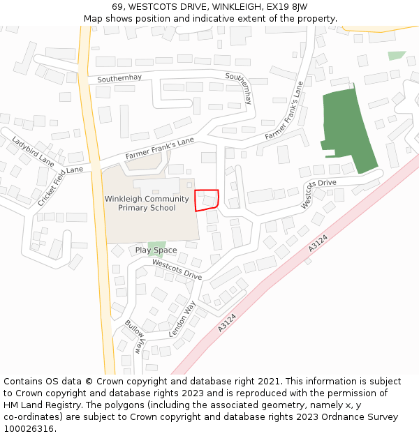 69, WESTCOTS DRIVE, WINKLEIGH, EX19 8JW: Location map and indicative extent of plot