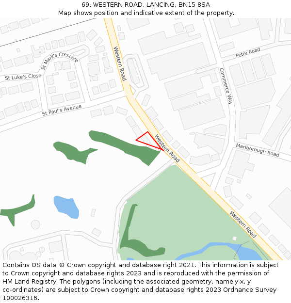 69, WESTERN ROAD, LANCING, BN15 8SA: Location map and indicative extent of plot