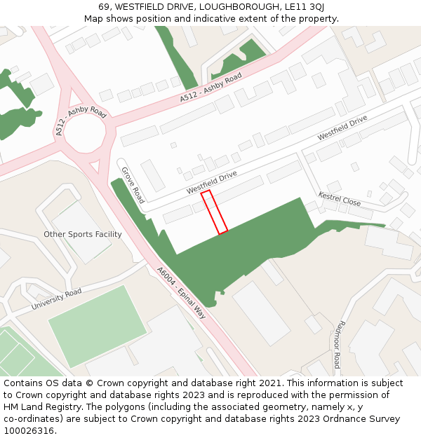 69, WESTFIELD DRIVE, LOUGHBOROUGH, LE11 3QJ: Location map and indicative extent of plot