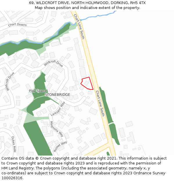 69, WILDCROFT DRIVE, NORTH HOLMWOOD, DORKING, RH5 4TX: Location map and indicative extent of plot