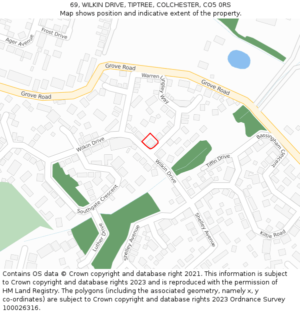 69, WILKIN DRIVE, TIPTREE, COLCHESTER, CO5 0RS: Location map and indicative extent of plot