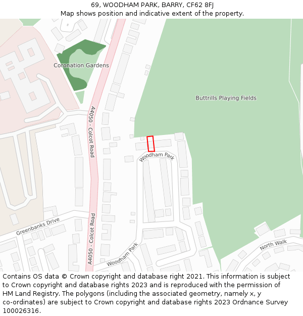 69, WOODHAM PARK, BARRY, CF62 8FJ: Location map and indicative extent of plot