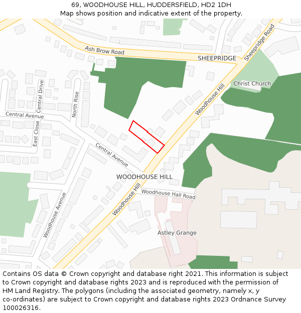 69, WOODHOUSE HILL, HUDDERSFIELD, HD2 1DH: Location map and indicative extent of plot