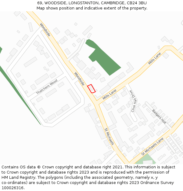 69, WOODSIDE, LONGSTANTON, CAMBRIDGE, CB24 3BU: Location map and indicative extent of plot