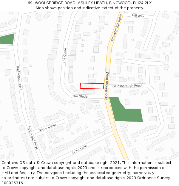 69, WOOLSBRIDGE ROAD, ASHLEY HEATH, RINGWOOD, BH24 2LX: Location map and indicative extent of plot
