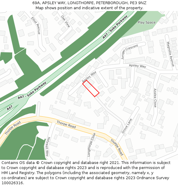 69A, APSLEY WAY, LONGTHORPE, PETERBOROUGH, PE3 9NZ: Location map and indicative extent of plot