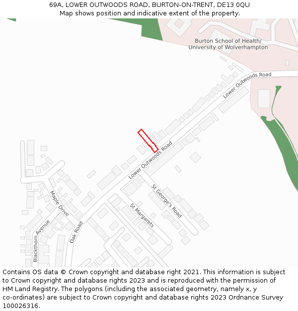 69A, LOWER OUTWOODS ROAD, BURTON-ON-TRENT, DE13 0QU: Location map and indicative extent of plot