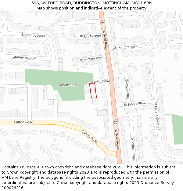 69A, WILFORD ROAD, RUDDINGTON, NOTTINGHAM, NG11 6BN: Location map and indicative extent of plot