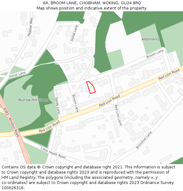 6A, BROOM LANE, CHOBHAM, WOKING, GU24 8RQ: Location map and indicative extent of plot