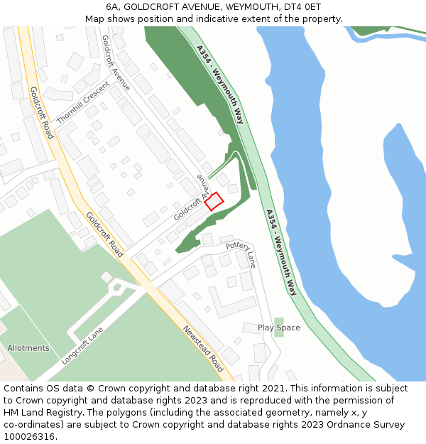 6A, GOLDCROFT AVENUE, WEYMOUTH, DT4 0ET: Location map and indicative extent of plot