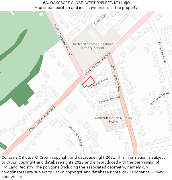 6A, OAKCROFT CLOSE, WEST BYFLEET, KT14 6JQ: Location map and indicative extent of plot