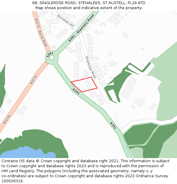 6B, SINGLEROSE ROAD, STENALEES, ST AUSTELL, PL26 8TD: Location map and indicative extent of plot